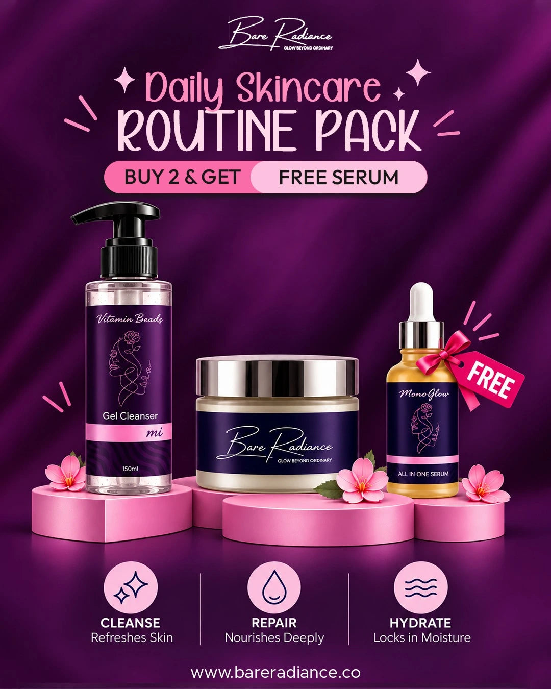 Pack OF 3 | Daily Skincare Routine Pack | Buy 2, Get 1 Free Serum