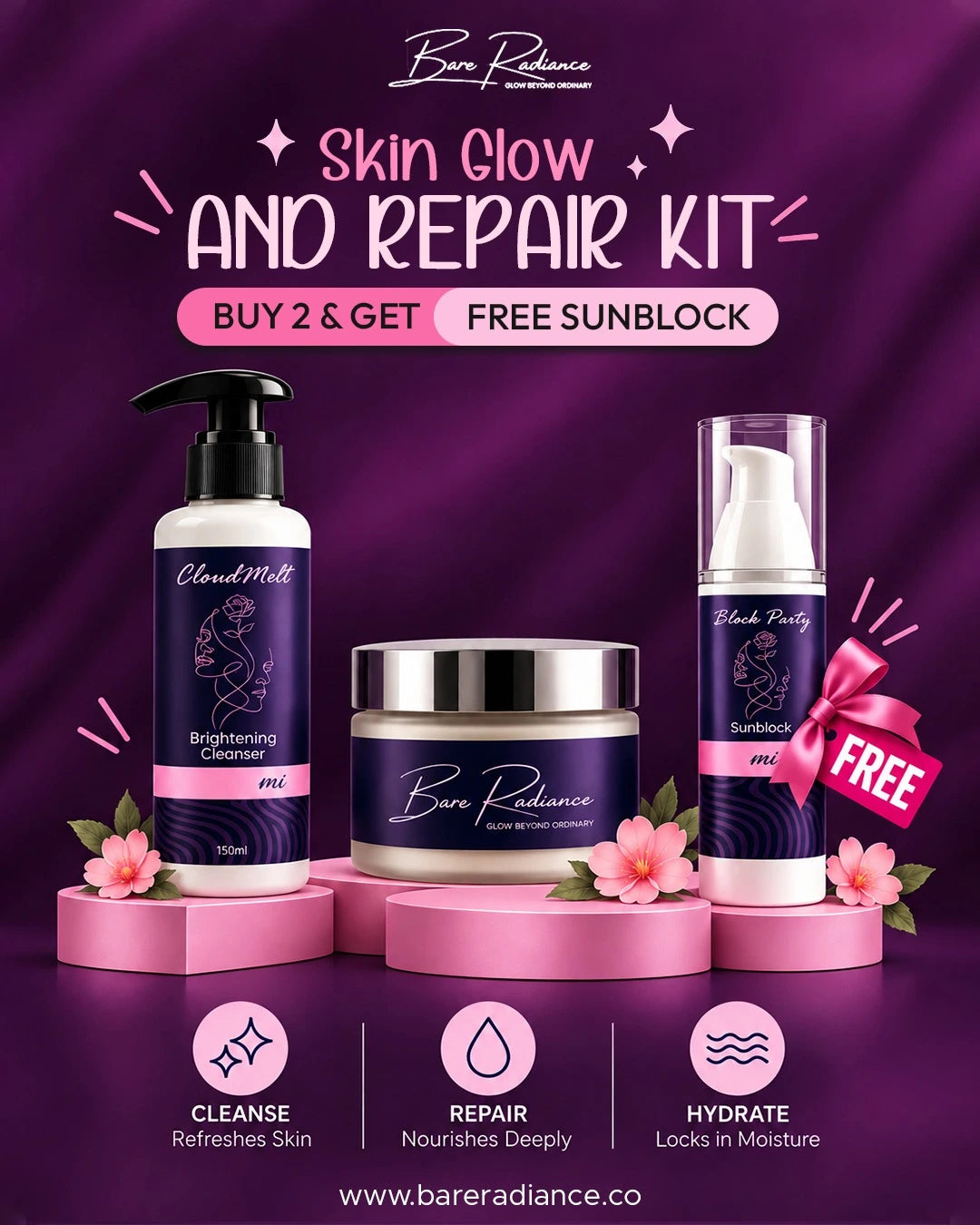 Pack OF 3 | Skin Glow & Repair Kit | Buy 2, Get 1 Free Sunblock